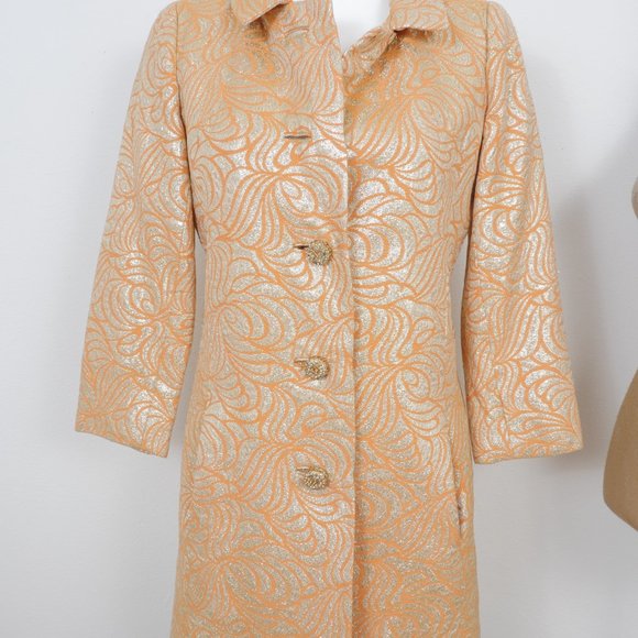 Carlye VINTAGE Orange Gold Metallic Art Deco Brocade 60's Mod Design Button Coat - Picture 8 of 16